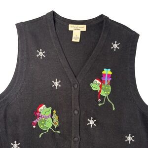 Christmas Sweater Cardigan Vest Black Green Frog Novelty Snowflakes‎ Women's 1X